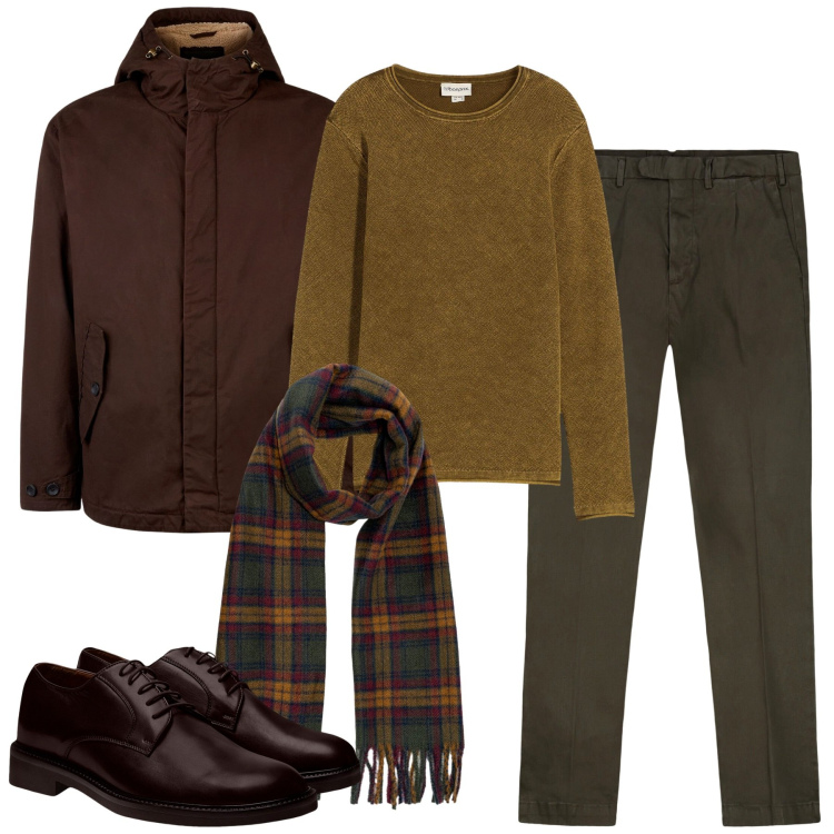 Outfit uomo - Fall. Stile Urban per Tutti i giorni. Abbinamento con maglieria, giacche, scarpe stringate, pantaloni, sciarpe.