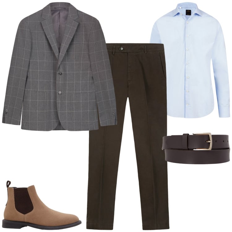 Outfit uomo - Fall. Stile Business/Elegante per Tutti i giorni. Abbinamento con stivali e stivaletti, cinture, camicie, giacche, pantaloni chino.