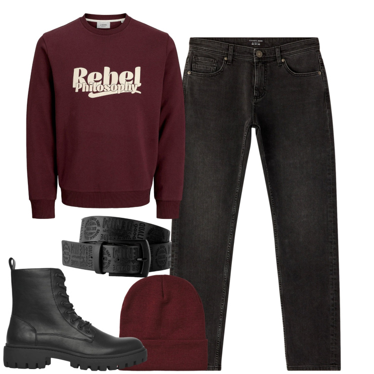 Outfit uomo - Felpa e jeans in autunno. Stile Casual per Tutti i giorni. Abbinamento con cinture, felpe, jeans, anfibi, berretti.