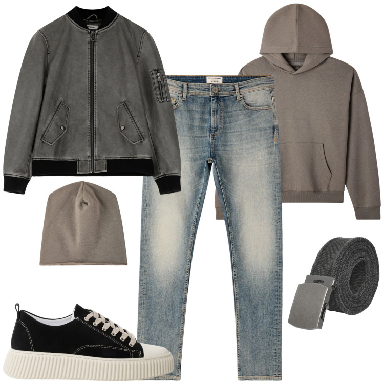 Outfit uomo - Fall. Stile Casual per Tutti i giorni. Abbinamento con cinture, jeans skinny, felpe con cappuccio, berretti, sneakers, bomber.