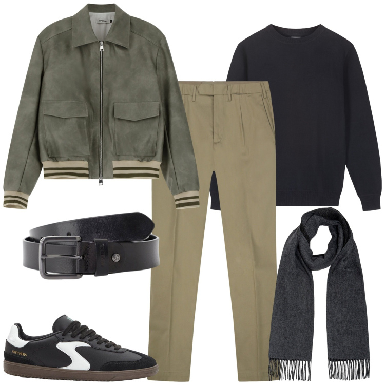 Outfit uomo - Ciry. Stile Urban per Tutti i giorni. Abbinamento con sneakers, cinture, bomber, maglieria, sciarpe, pantaloni.