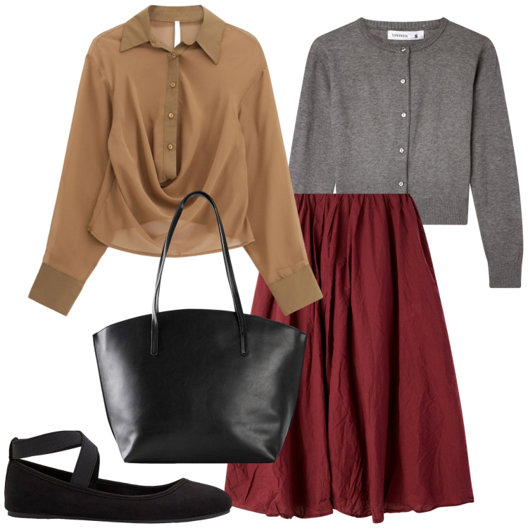 Outfit donna - Total look #2252591. Stile Romantica per Tutti i giorni. Abbinamento con ballerine, shopping bag, cardigans, gonne lunghe, camicie.