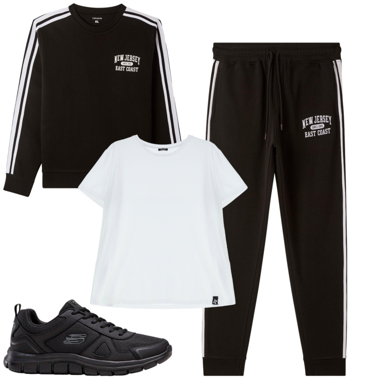 Outfit uomo - In tuta. Stile Casual per Sport. Abbinamento con sneakers, felpe sportive, pantaloni sportivi, t-shirt.