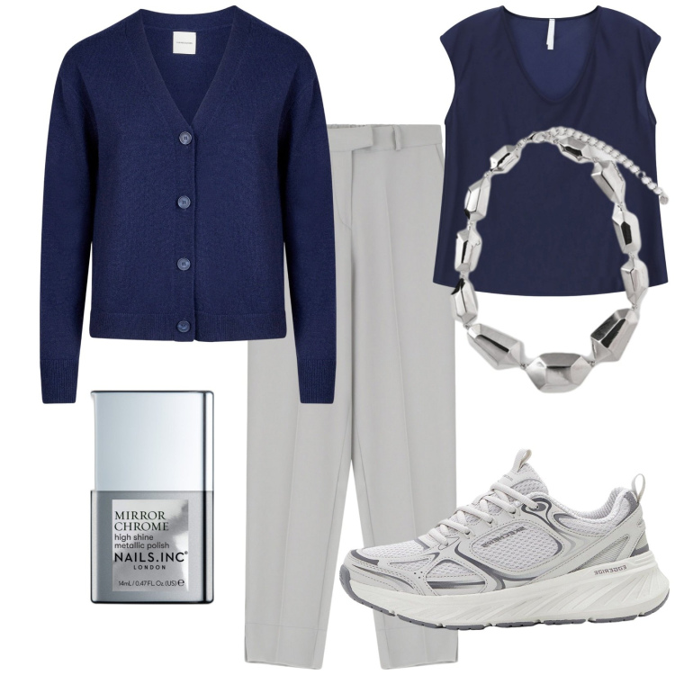 Outfit donna - Non rinuncio alle sneakers. Stile Casual chic per Ufficio. Abbinamento con sneakers, smalti, pantaloni, top, cardigans, ciondoli.