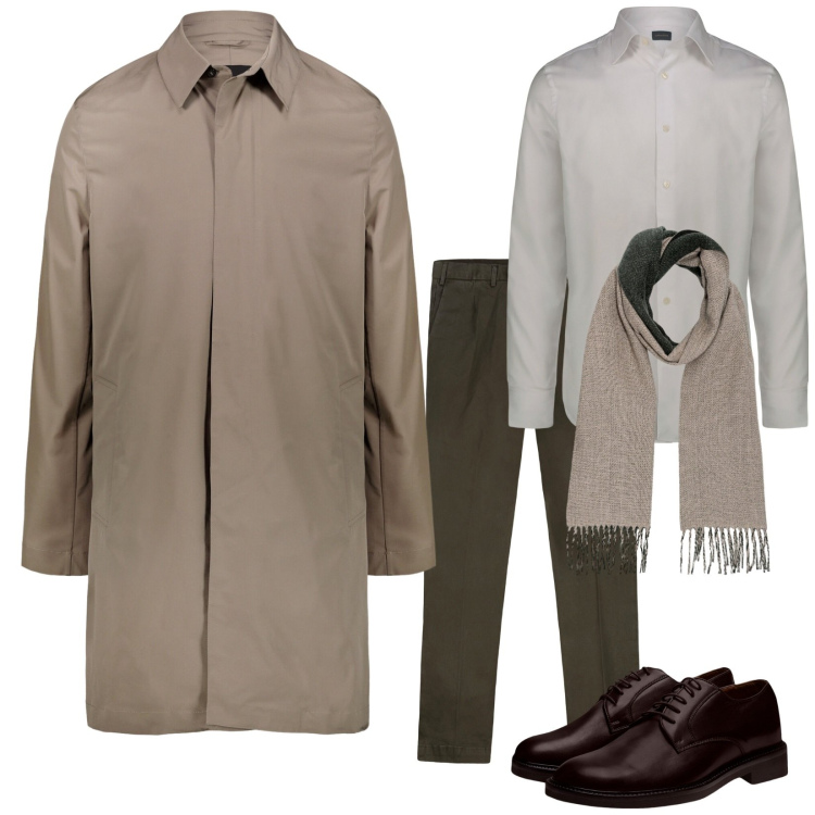 Outfit uomo - Le prime piogge. Stile Business/Elegante per Ufficio. Abbinamento con giacche, camicie, pantaloni, scarpe stringate, sciarpe.