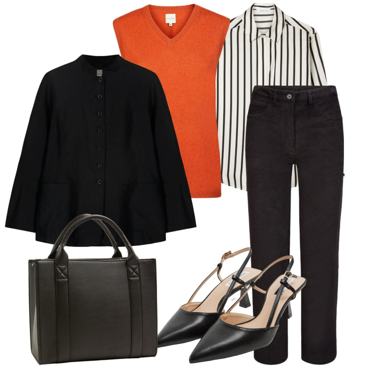 Outfit donna - Oggi riunione. per Scuola/Università. Abbinamento con sabot, borse tote, camicie, pantaloni, maglieria, blazer.