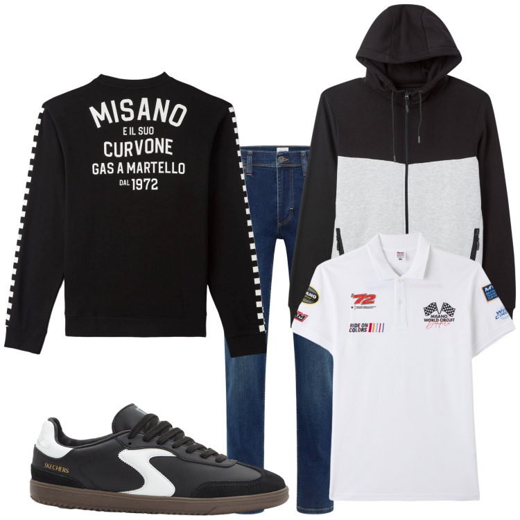 Outfit uomo - In moto. Stile Biker Rock per Tutti i giorni. Abbinamento con sneakers, jeans dritti, felpe, polo, felpe sportive.
