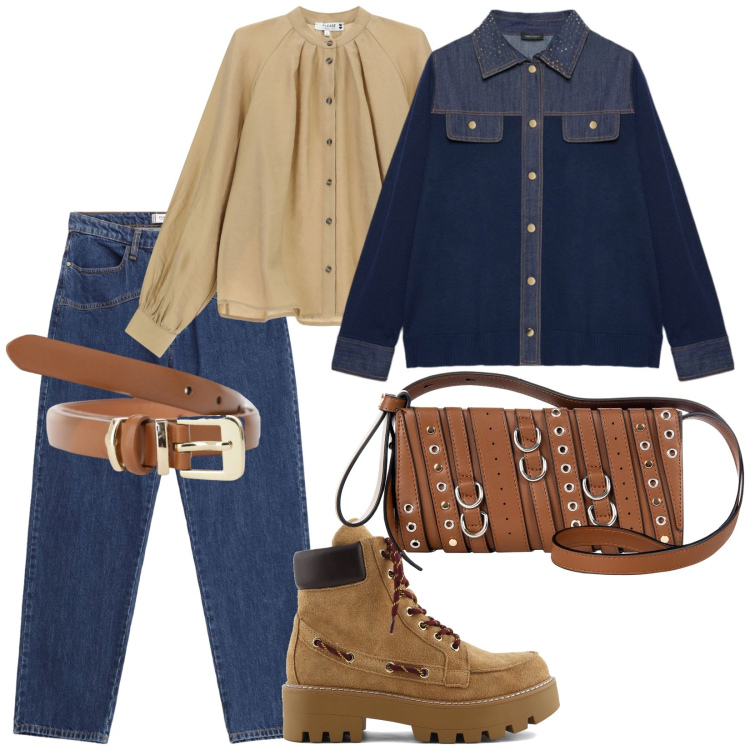 Outfit donna - Cuoio e jeans. per Tutti i giorni. Abbinamento con borse a spalla, jeans, camicie, cinture, cardigans, stivaletti.