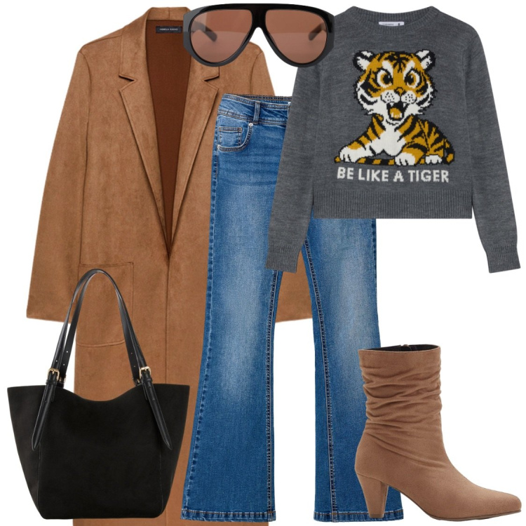 Outfit donna - Week end. Stile Urban per Tutti i giorni. Abbinamento con stivaletti, shopping bag, jeans a zampa, maglieria, occhiali da sole, trench.
