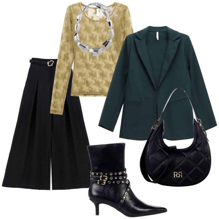 Outfit donna - Cena con amici. per Serata fuori. Abbinamento con borse a tracolla, stivaletti, maglieria, pantaloni, blazer, ciondoli.