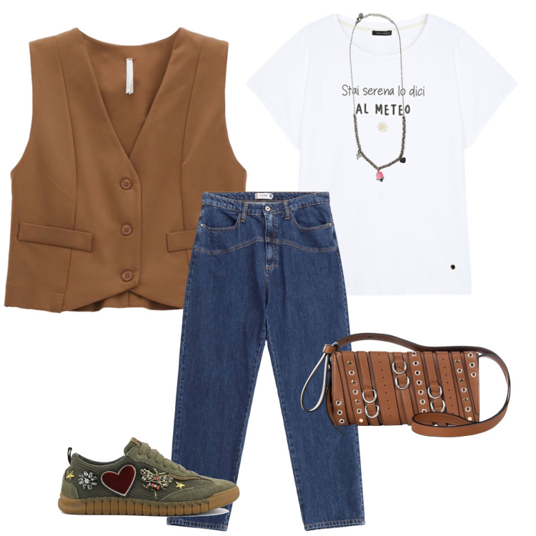 Outfit donna - In centro con te#. Stile Casual per Tutti i giorni. Abbinamento con borse a spalla, jeans, gilet, ciondoli, t-shirt, sneakers.
