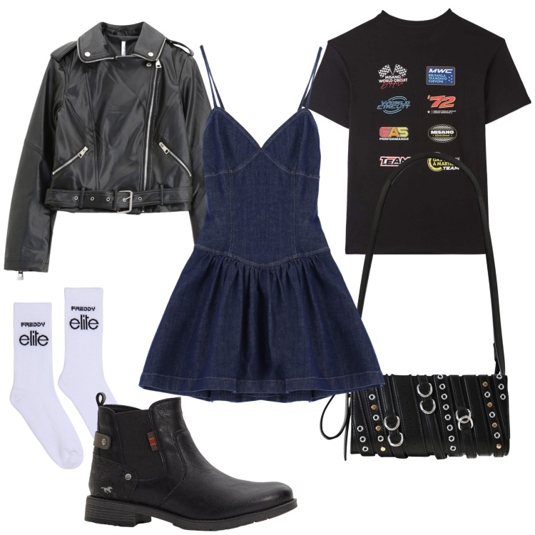 Outfit donna - Giornata settembrina lunatica e rock. Stile Rock per Tutti i giorni. Abbinamento con stivaletti chelsea, t-shirt, borse a spalla, giacche, vestiti corti, calzini.