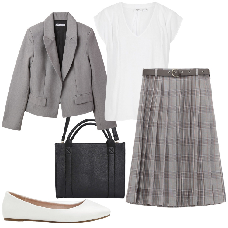 Outfit donna - Grigio e bianco per l\'ufficio. Stile Casual chic per Ufficio. Abbinamento con bluse, ballerine, blazer, borse tote, gonne.