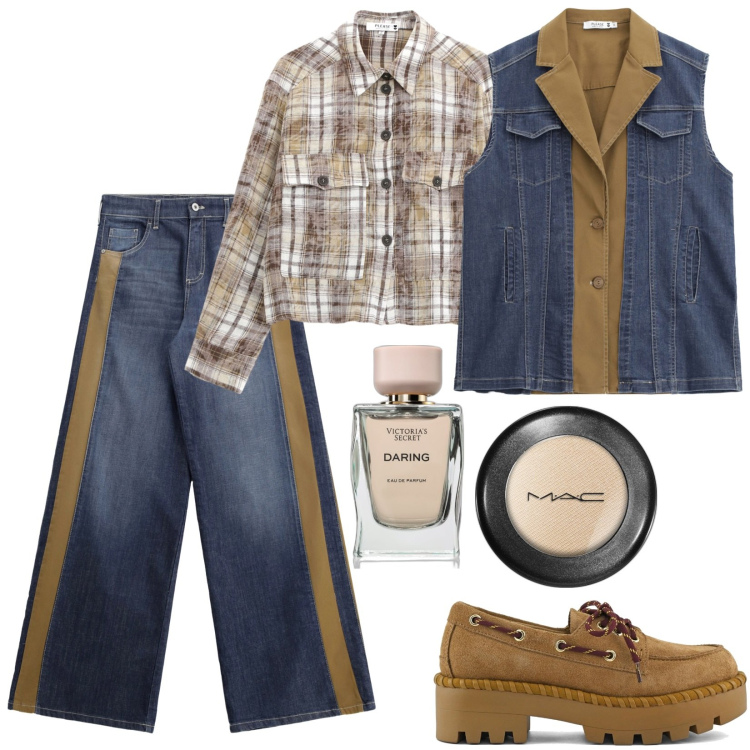 Outfit donna - Total look #2252627. Stile Urban per Tutti i giorni. Abbinamento con profumi, ombretti, jeans a zampa, camicie, gilet, mocassini.