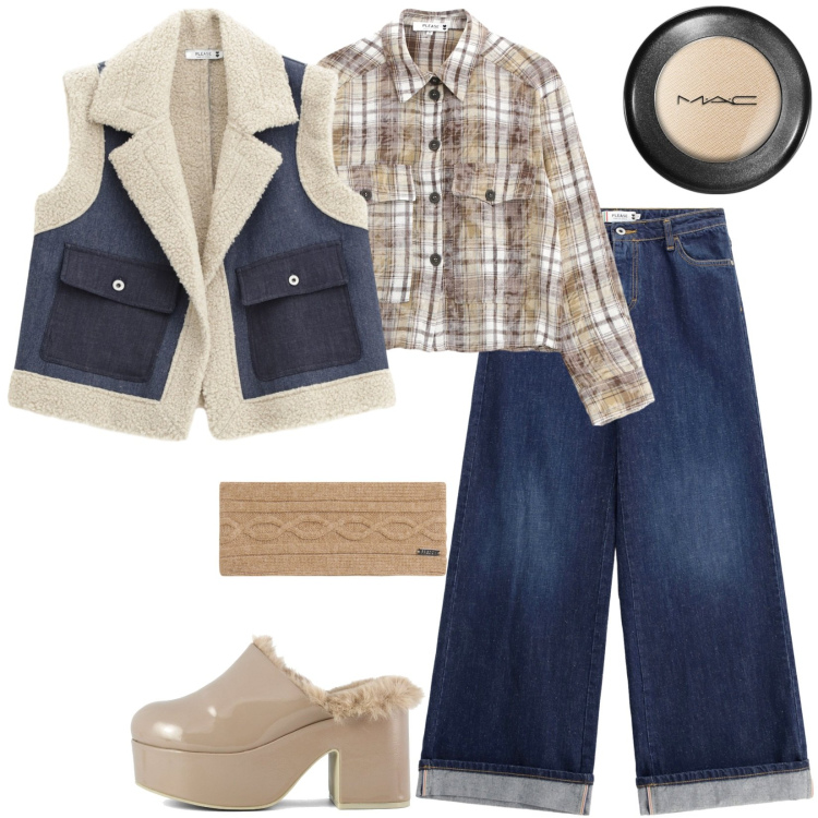 Outfit donna - Guardaroba casual e comodo. Stile Casual per Tutti i giorni. Abbinamento con ombretti, camicie, gilet, jeans, accessori per capelli, sabot.