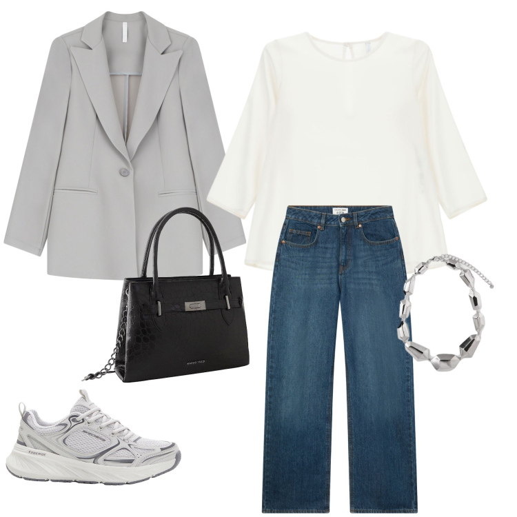 Outfit donna - A lavoro ed in centro. Stile Minimal per Ufficio. Abbinamento con sneakers, borse a mano, jeans, blazer, bluse, ciondoli.