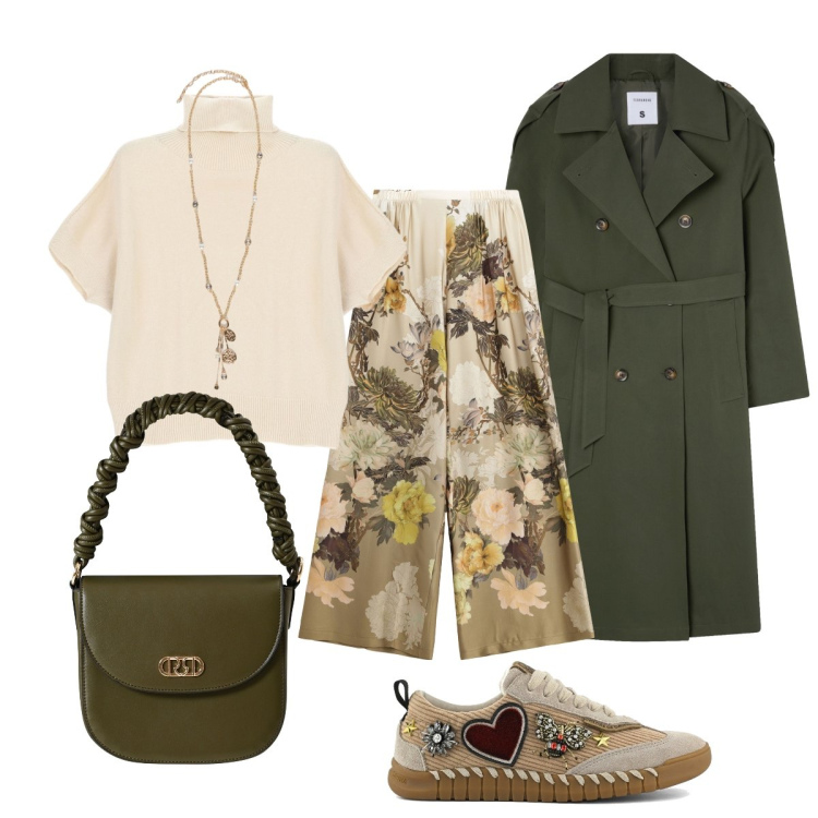 Outfit donna - Le mezze stagioni. Stile Casual chic per Tutti i giorni. Abbinamento con trench, borse a mano, maglieria, pantaloni a palazzo, sneakers, ciondoli.