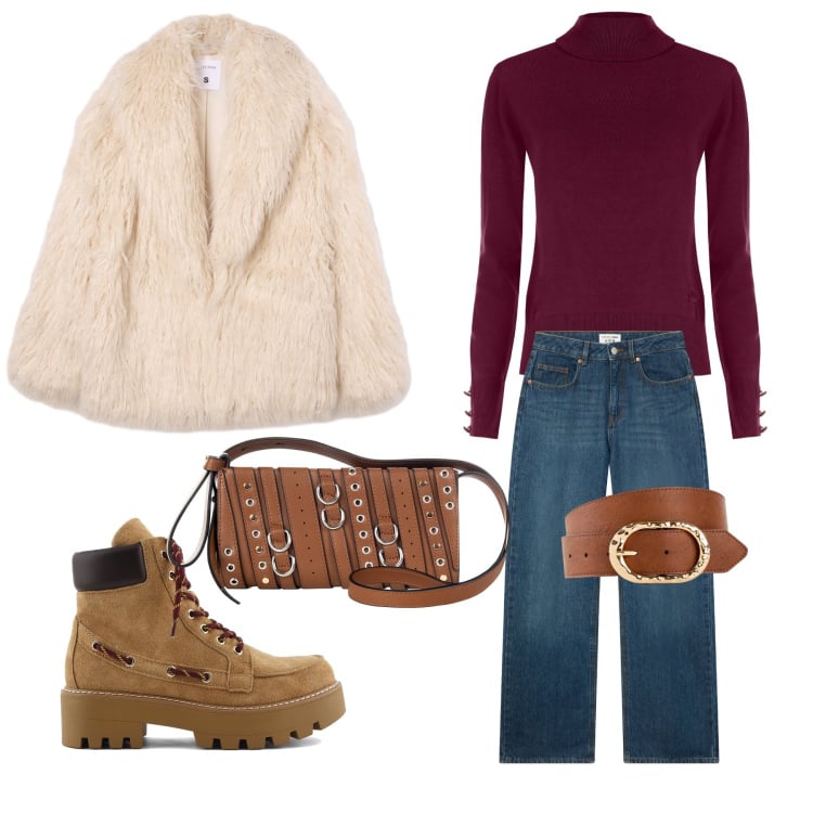 Outfit donna - Passeggiata invernale. Stile Casual chic per Tutti i giorni. Abbinamento con cinture, jeans, ecopellicce, maglieria, borse a spalla, stivaletti.