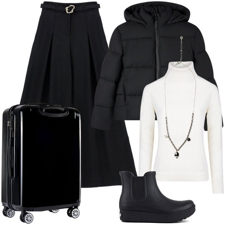 Outfit donna - Con lo stivale a prova di pioggia. Stile Sporty chic per Scuola/Università. Abbinamento con bomber, pantaloni, valigie, ciondoli, stivali, maglieria.