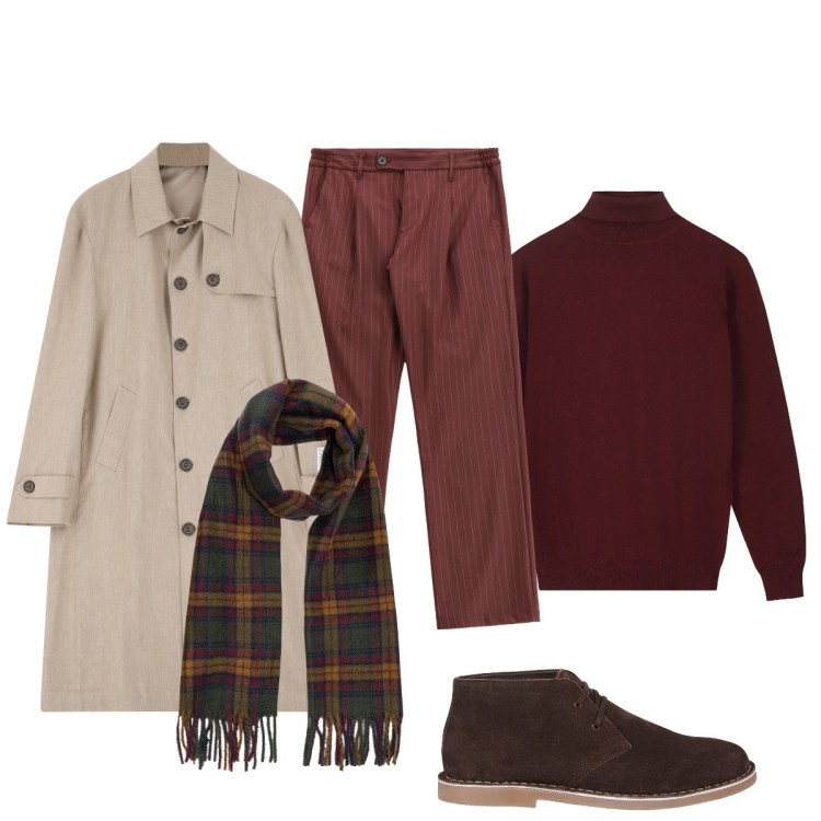 Outfit uomo - Total look #2252639. Stile Trendy per Tutti i giorni. Abbinamento con pantaloni, trench, stivali e stivaletti, maglieria, sciarpe.