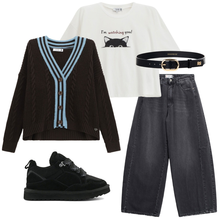 Outfit donna - Total look #2252641. Stile Urban per Scuola/Università. Abbinamento con cinture, cardigans, jeans, t-shirt, sneakers alte.