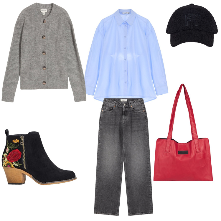 Outfit donna - Sportiva/minimal e chic. Stile Minimal Abbinamento con stivaletti, cardigans, jeans, camicie, shopping bag, cappelli.