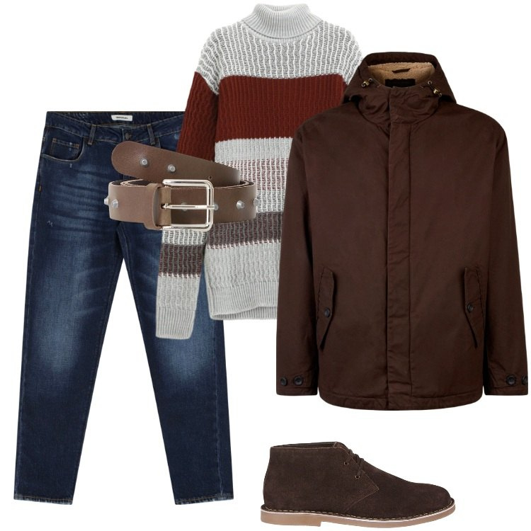Outfit uomo - Total look #2252643. Stile Trendy per Ufficio. Abbinamento con jeans dritti, cinture, maglieria, giacche, stivali e stivaletti.