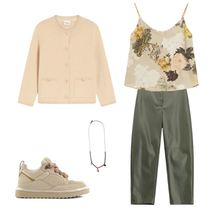 Outfit donna - Total look #2252644. Stile Casual chic per Tutti i giorni. Abbinamento con cardigans, top, pantaloni, ciondoli, sneakers alte.
