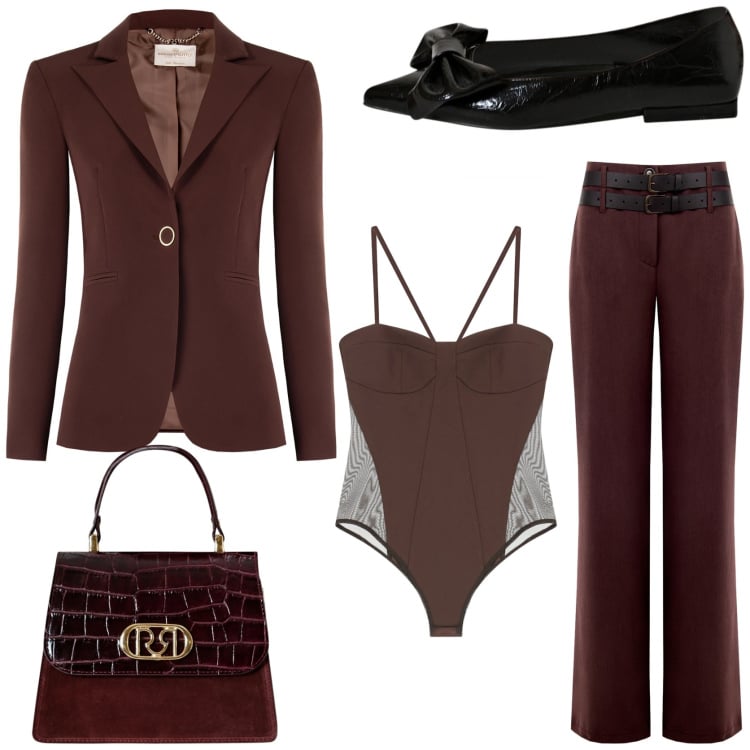 Outfit donna - Il tailleur elegante. Stile Chic per Cerimonia. Abbinamento con pantaloni, blazer, ballerine, borse a mano, body.