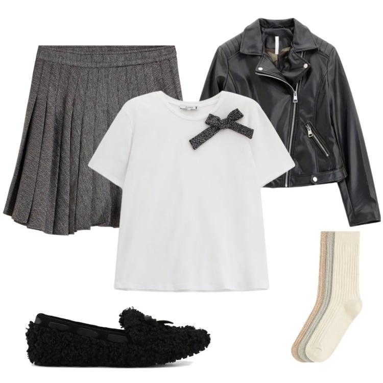 Outfit donna - Outif Comodo. Stile Bon Ton per Tutti i giorni. Abbinamento con minigonne, calzini, t-shirt, blazer, mocassini.