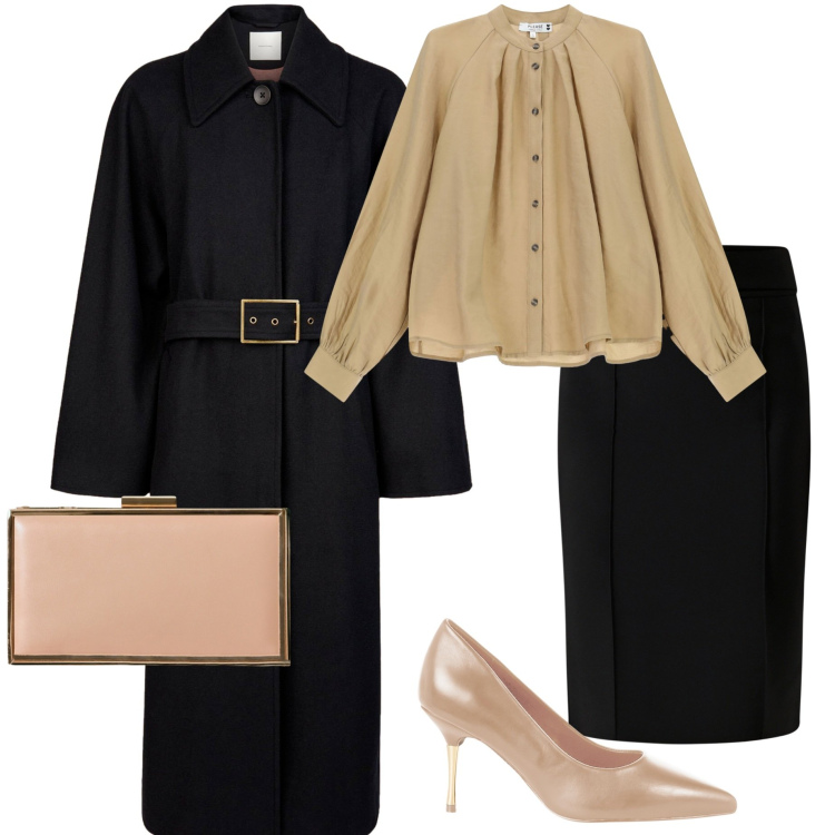 Outfit donna - Serata a teatro. Stile Chic per Serata fuori. Abbinamento con décolleté, pochette, gonne, camicie, cappotti.