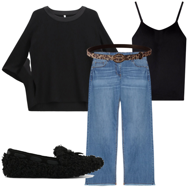 Outfit donna - Jeans e felpa. Stile Casual per Tutti i giorni. Abbinamento con cinture, magliette intime, felpe, mocassini, jeans.