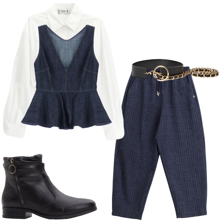 Outfit donna - Completo di jeans. Stile Casual per Ufficio. Abbinamento con stivaletti, top, jeans, camicie, cinture.