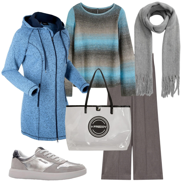 Outfit donna - Total look #2252660. Stile Casual per Tutti i giorni. Abbinamento con blazer, maglieria, sneakers, pantaloni, sciarpe, shopping bag.