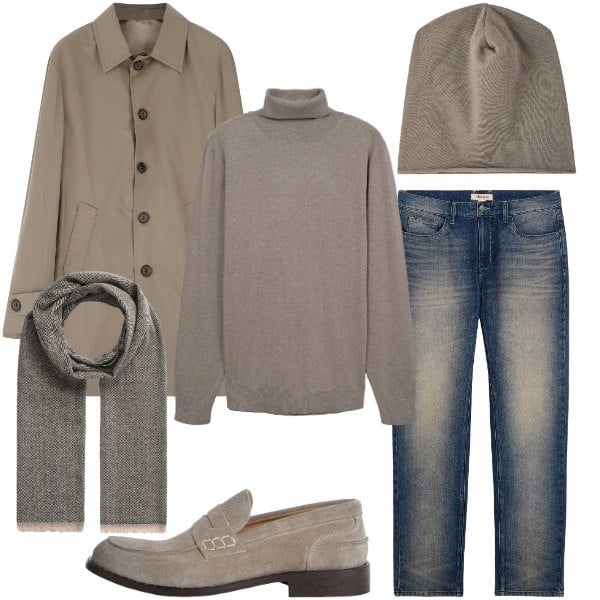Outfit uomo - Eleganza Urbana nel Weekend. Stile Casual per Tutti i giorni. Abbinamento con jeans dritti, sciarpe, berretti, maglieria, trench, scarpe stringate.