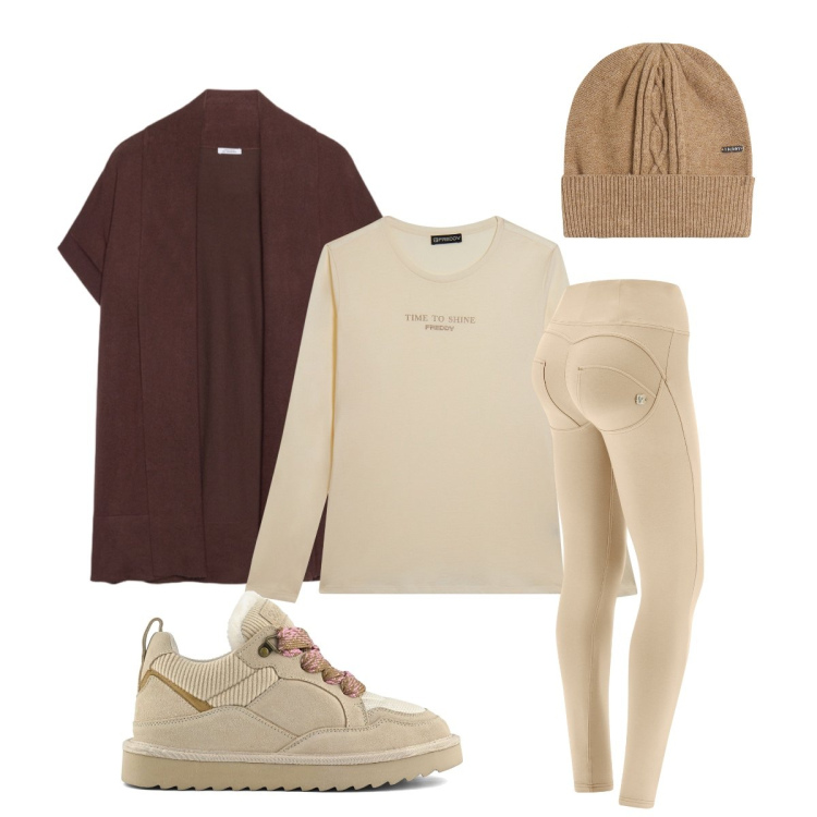 Outfit donna - Sporty chic. Stile Sporty chic per Sport. Abbinamento con pantaloni skinny, berretti, t-shirt, cardigans, sneakers alte.