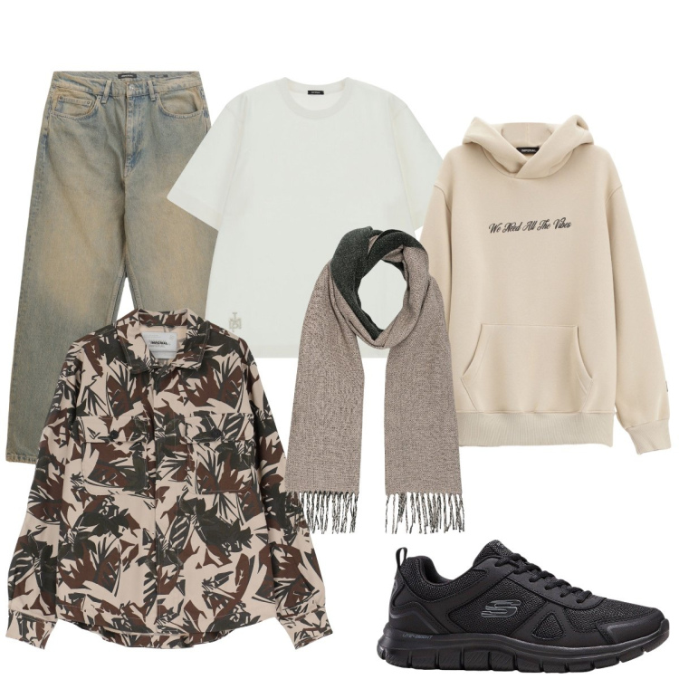 Outfit uomo - Total look #2252677. Stile Casual per Tutti i giorni. Abbinamento con sneakers, giacche, t-shirt, felpe con cappuccio, jeans, sciarpe.