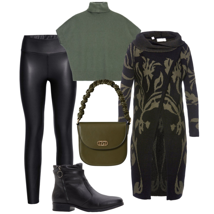 Outfit donna - Autunno freddo: leggings termici. Stile Casual per Tutti i giorni. Abbinamento con cardigans, leggings, stivaletti, borse a mano, maglieria.