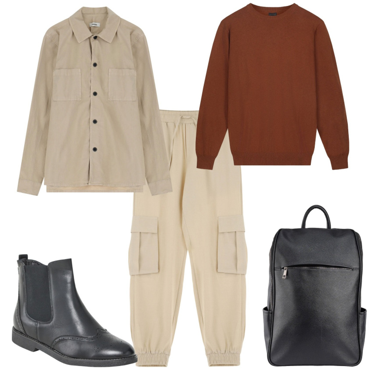 Outfit uomo - Week end fuori porta ufficio. Stile Casual per Tutti i giorni. Abbinamento con stivali e stivaletti, pantaloni cargo, giacche, borse sportive, maglieria.
