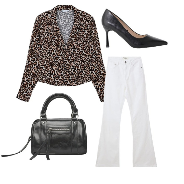 Outfit donna - Outfit da tutti i giorni. Stile Glamour per Ufficio. Abbinamento con jeans a zampa, camicie, borse a mano, décolleté.