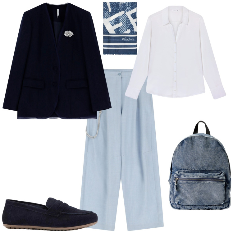Outfit donna - Total look #2252690. Stile Trendy per Ufficio. Abbinamento con mocassini, zaini, camicie, pantaloni, blazer, foulard.