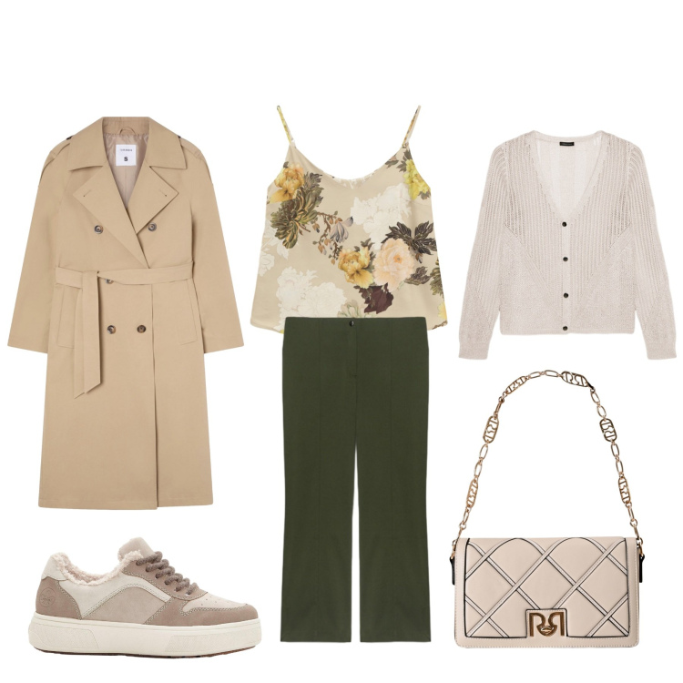 Outfit donna - Passeggiata domenicale. Stile Casual chic per Tutti i giorni. Abbinamento con sneakers, trench, borse a tracolla, top, pantaloni, cardigans.