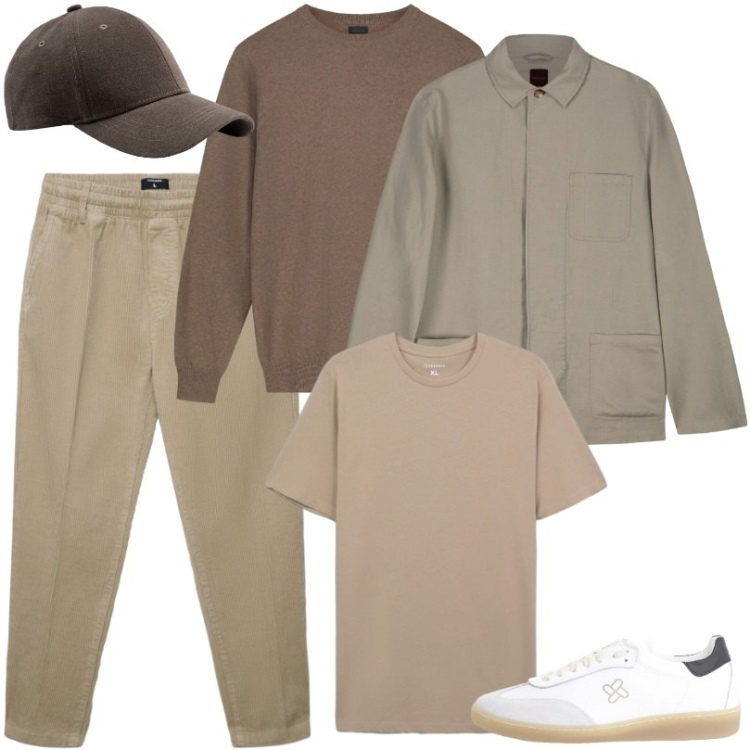 Outfit uomo - Toni caldi con sfumature terrose. Stile Casual per Tutti i giorni. Abbinamento con t-shirt, pantaloni, sneakers, cappotti, cappelli con visiera, maglieria.