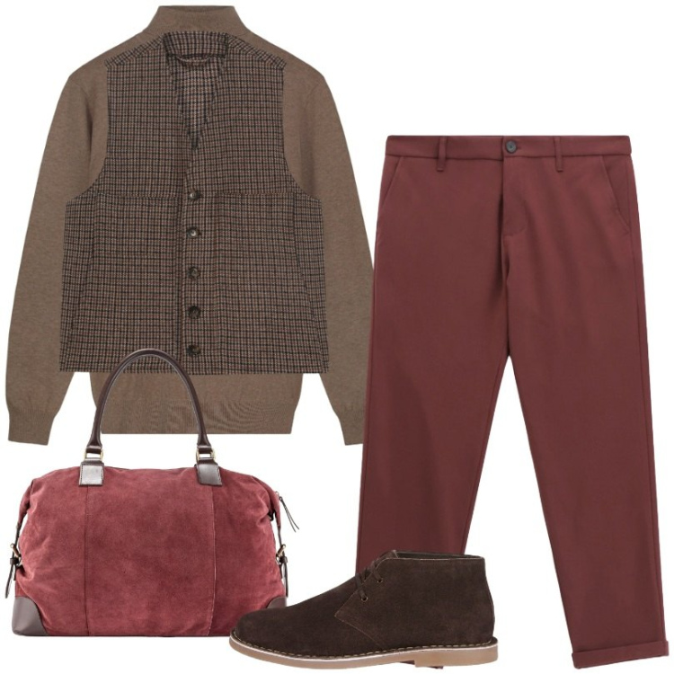 Outfit uomo - Giornata lavorativa. Stile Casual per Tutti i giorni. Abbinamento con pantaloni, maglieria, stivali e stivaletti, gilet, borse sportive.