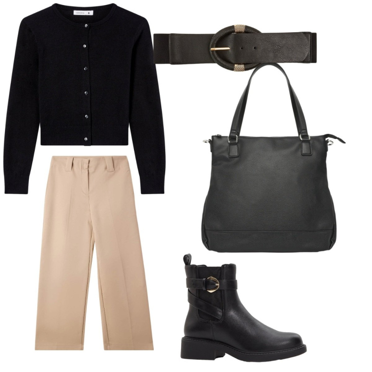 Outfit donna - Comodità. Stile Casual per Tutti i giorni. Abbinamento con stivaletti chelsea, cinture, pantaloni a palazzo, shopping bag, cardigans.