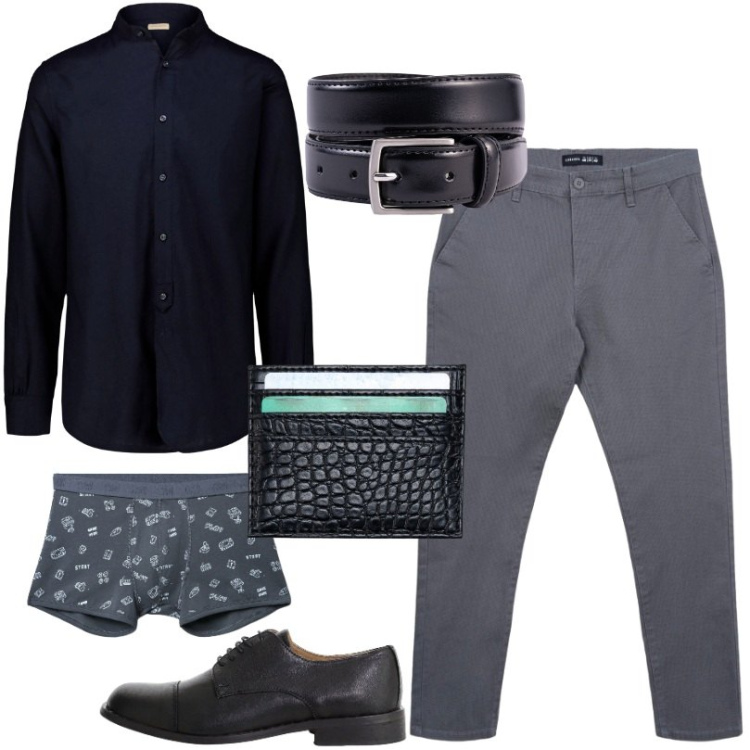 Outfit uomo - In ufficio curato ma non troppo formale. Stile Casual per Serata speciale. Abbinamento con pantaloni chino, boxer, scarpe stringate, camicie, cinture, portafogli.