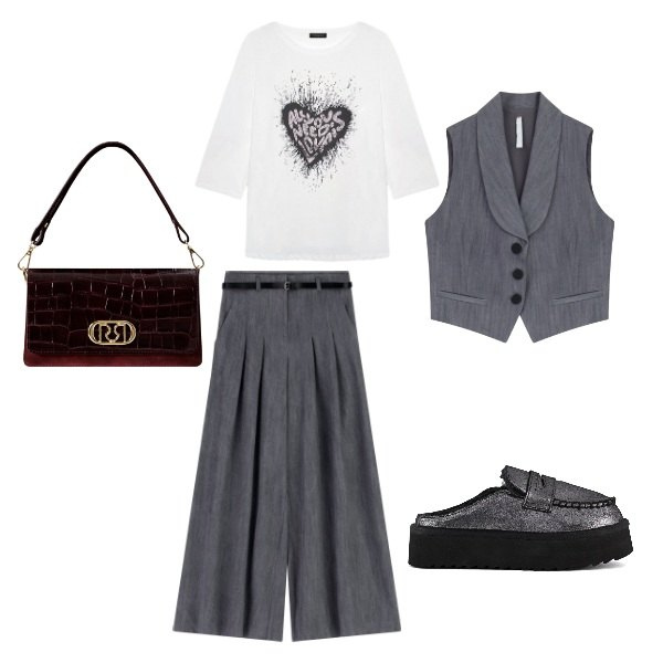Outfit donna - La semplicità elegante del grigio. Stile Casual chic per Tutti i giorni. Abbinamento con borse a mano, pantaloni a palazzo, gilet, mocassini, t-shirt.