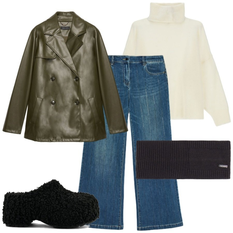Outfit donna - Prima giacca di pelle. Stile Minimal per Tutti i giorni. Abbinamento con maglieria, accessori per capelli, giacche, jeans dritti, zoccoli.