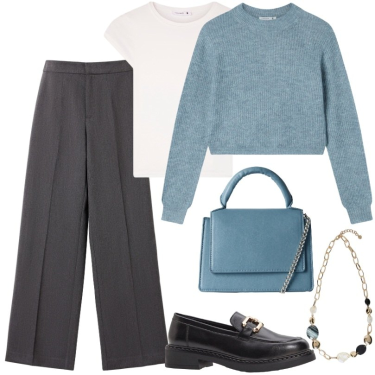 Outfit donna - Commissioni in centro. Stile Casual per Tutti i giorni. Abbinamento con mocassini, pantaloni, borse a tracolla, maglieria, t-shirt, collane.