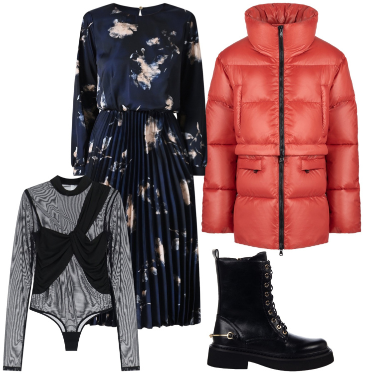 Outfit donna - Cena fuori in montagna. Stile Trendy per Serata fuori. Abbinamento con vestiti, anfibi, body, piumini.